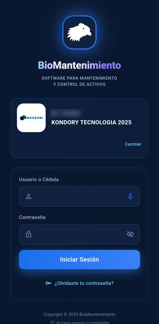 Pantalla de inicio de sesión de la app con la empresa elegida y los campos de usuario o cédula y contraseña