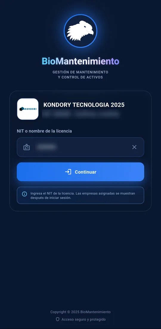 La app muestra la empresa encontrada con su logo y el botón Continuar (el NIT aparece difuminado)