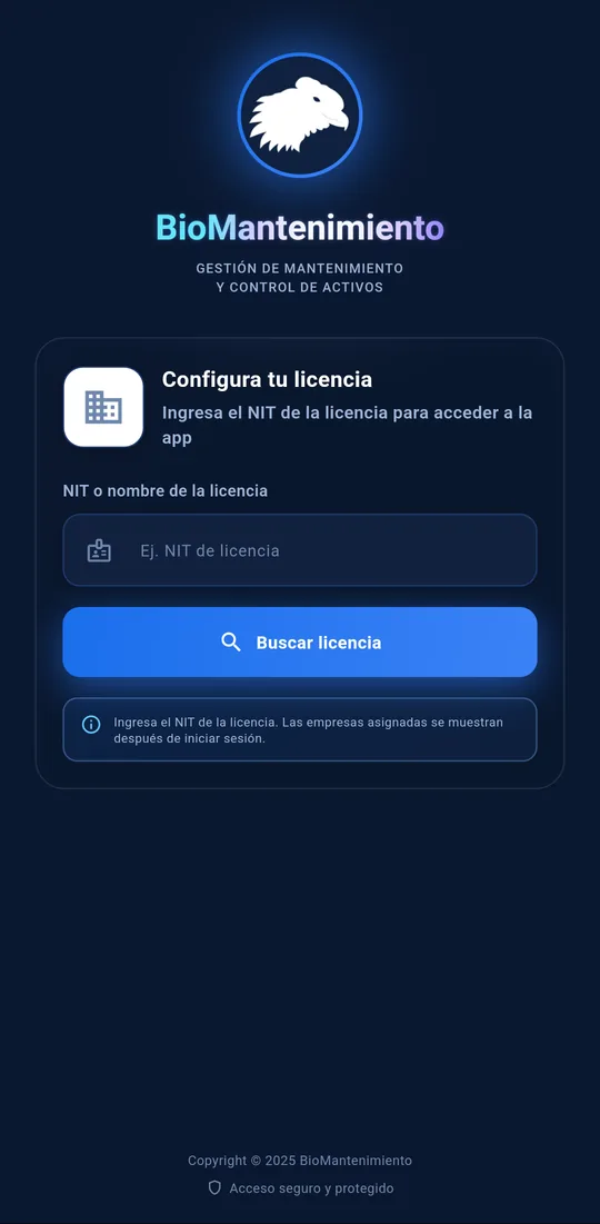 Pantalla Configura tu licencia de la app de BioMantenimiento, con el campo para el NIT de la licencia