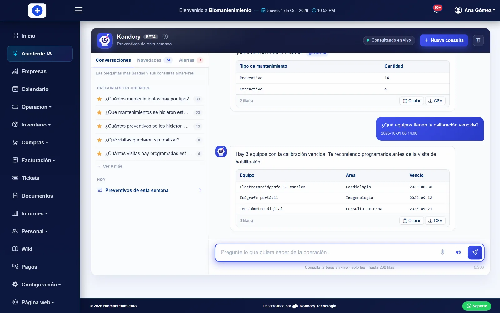 Asistente con IA de BioMantenimiento respondiendo qué preventivos vencen esta semana