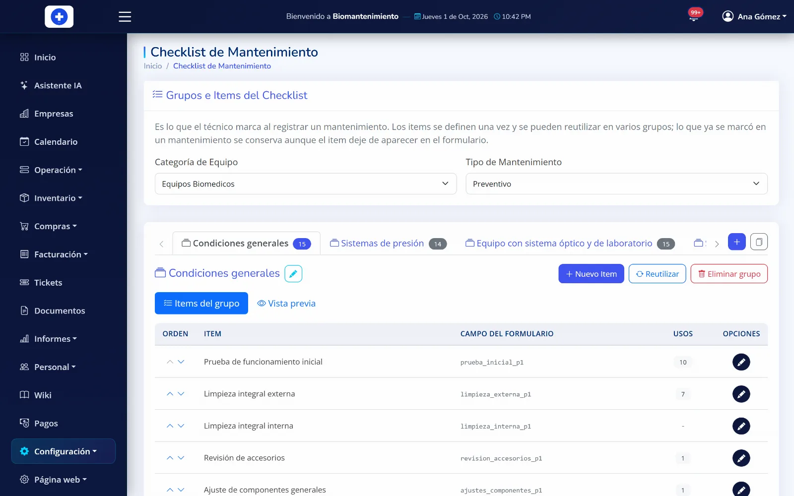 Lista de verificación de mantenimiento configurable en BioMantenimiento