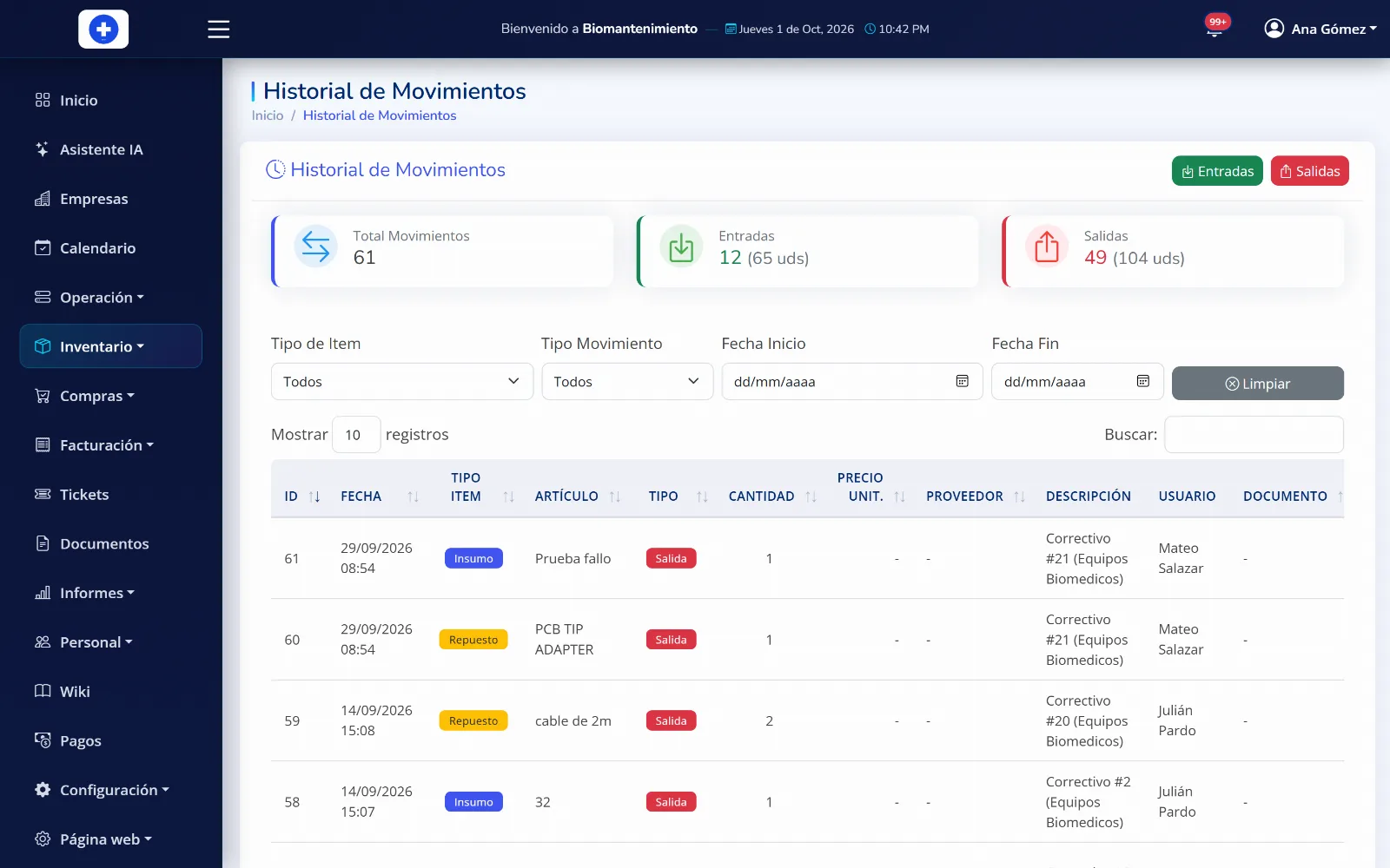 Historial de movimientos de inventario en BioMantenimiento